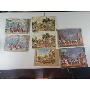 4 Vtg Collectable A Plywood Victory Wooden Jigsaw, Dancers Cottage Read Gold Box